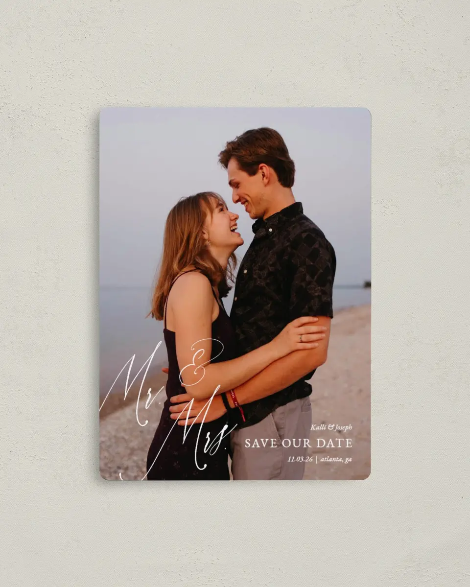 This is a 4" x 5½" Save the Date Magnet called Future Mr. & Mrs. printed in full color with a Luxe Satin finish