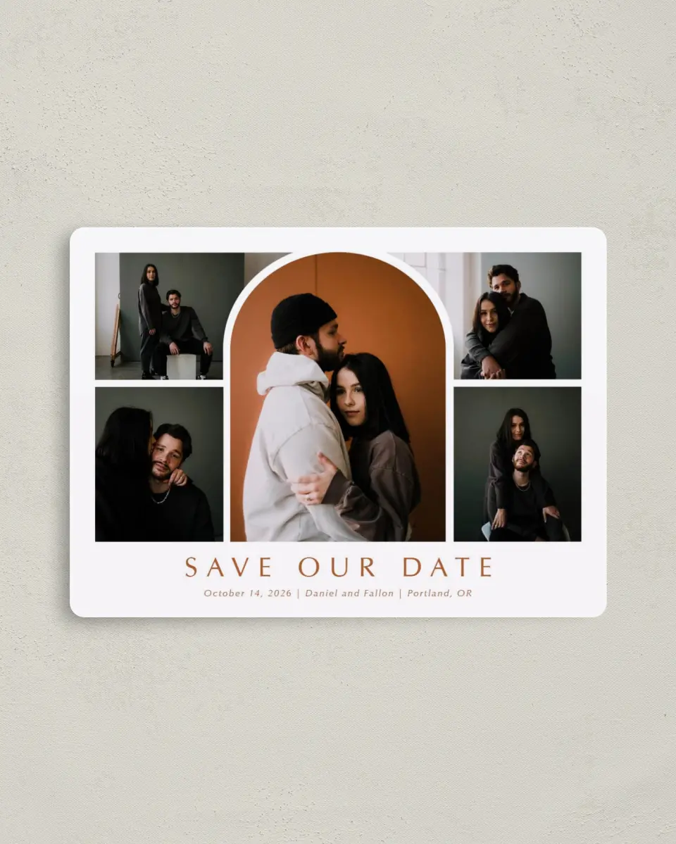 This is a 4" x 5½" Save the Date Magnet called Arched Collage printed in full color with a Luxe Satin finish