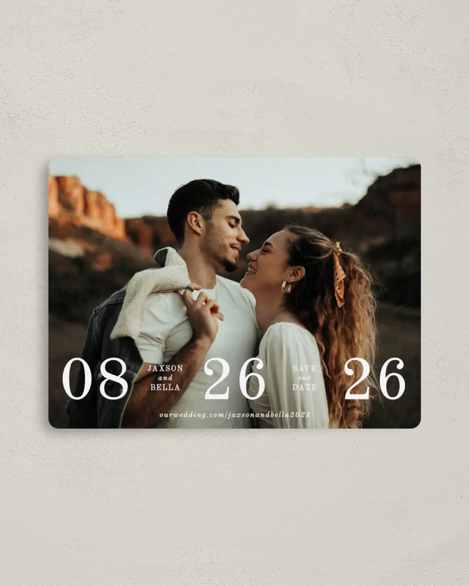 This is a 4" x 5½" Save the Date Magnet called Immense Date printed in full color with a Luxe Satin finish