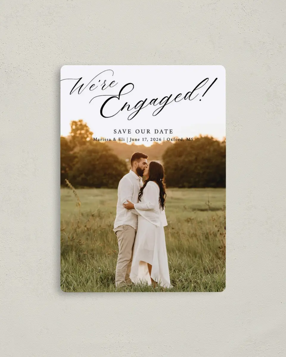 This is a 4" x 5½" Save the Date Magnet called Elegant Engagement printed in full color with a Luxe Satin finish