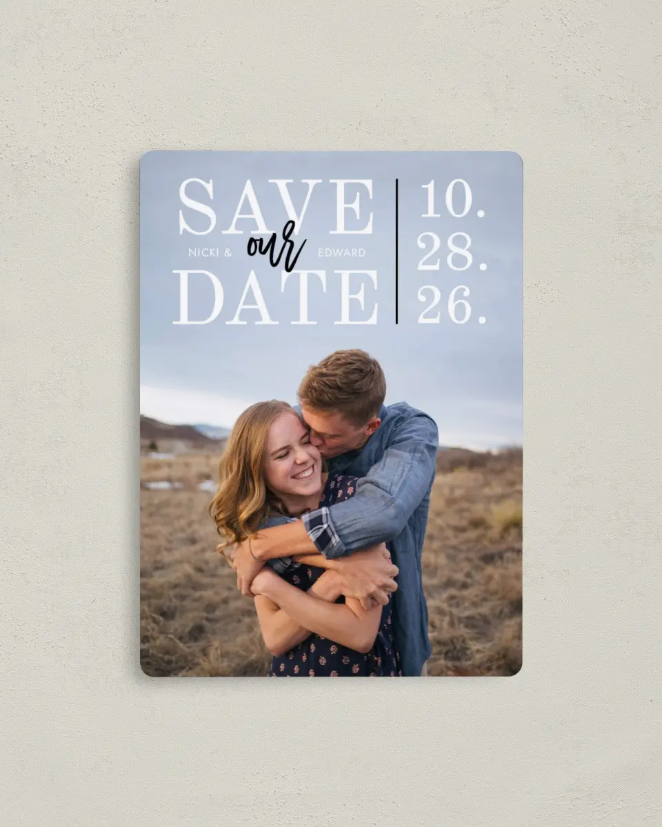 This is a 4" x 5½" Save the Date Magnet called Intertwined Delight printed in full color with a Luxe Satin finish