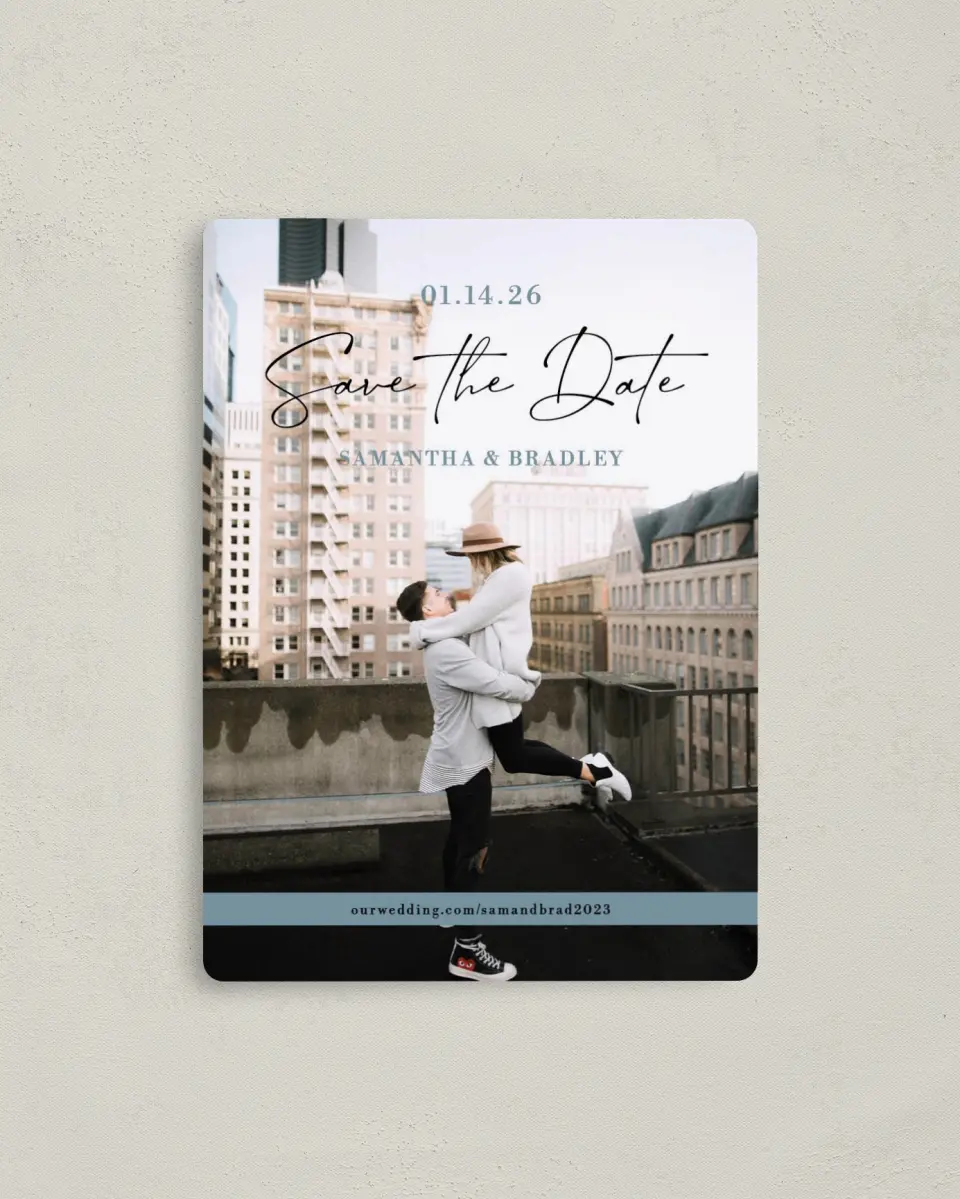 This is a 4" x 5½" Save the Date Magnet called Contemporary Script printed in full color with a Luxe Satin finish