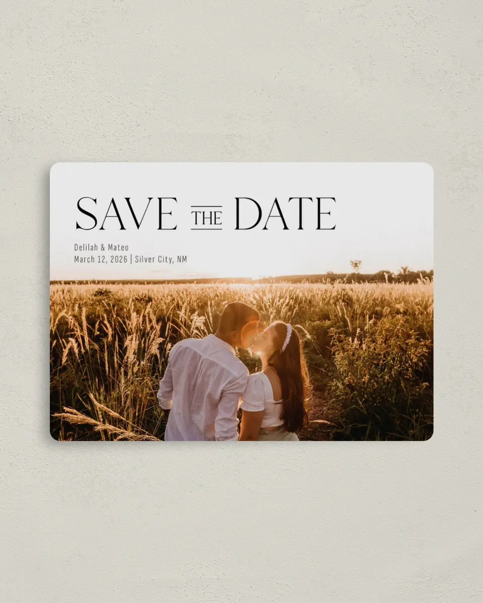 This is a 4" x 5½" Save the Date Magnet called Bold Adoration printed in full color with a Luxe Satin finish