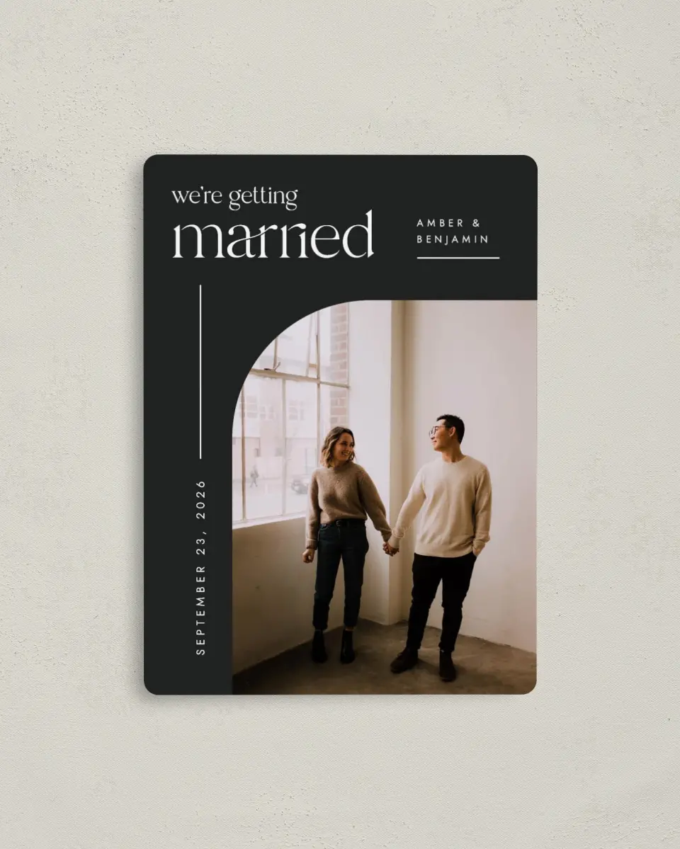 This is a 4" x 5½" Save the Date Magnet called Modern Marriage printed in full color with a Luxe Satin finish