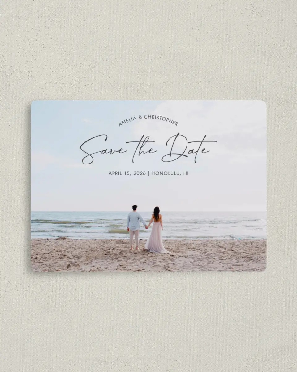 This is a 4" x 5½" Save the Date Magnet called Hand in Hand printed in full color with a Luxe Satin finish