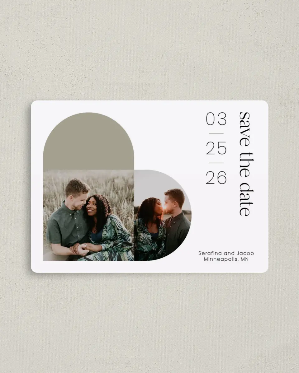 This is a 4" x 5½" Save the Date Magnet called Funky Heart printed in full color with Rose Gold foil and a Luxe Satin finish