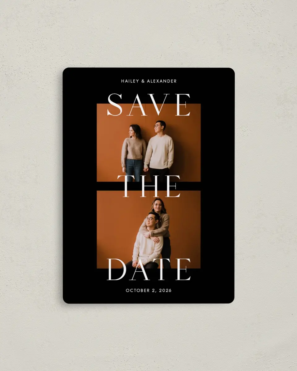 This is a 4" x 5½" Save the Date Magnet called Bold Devotion printed in full color with a Luxe Satin finish