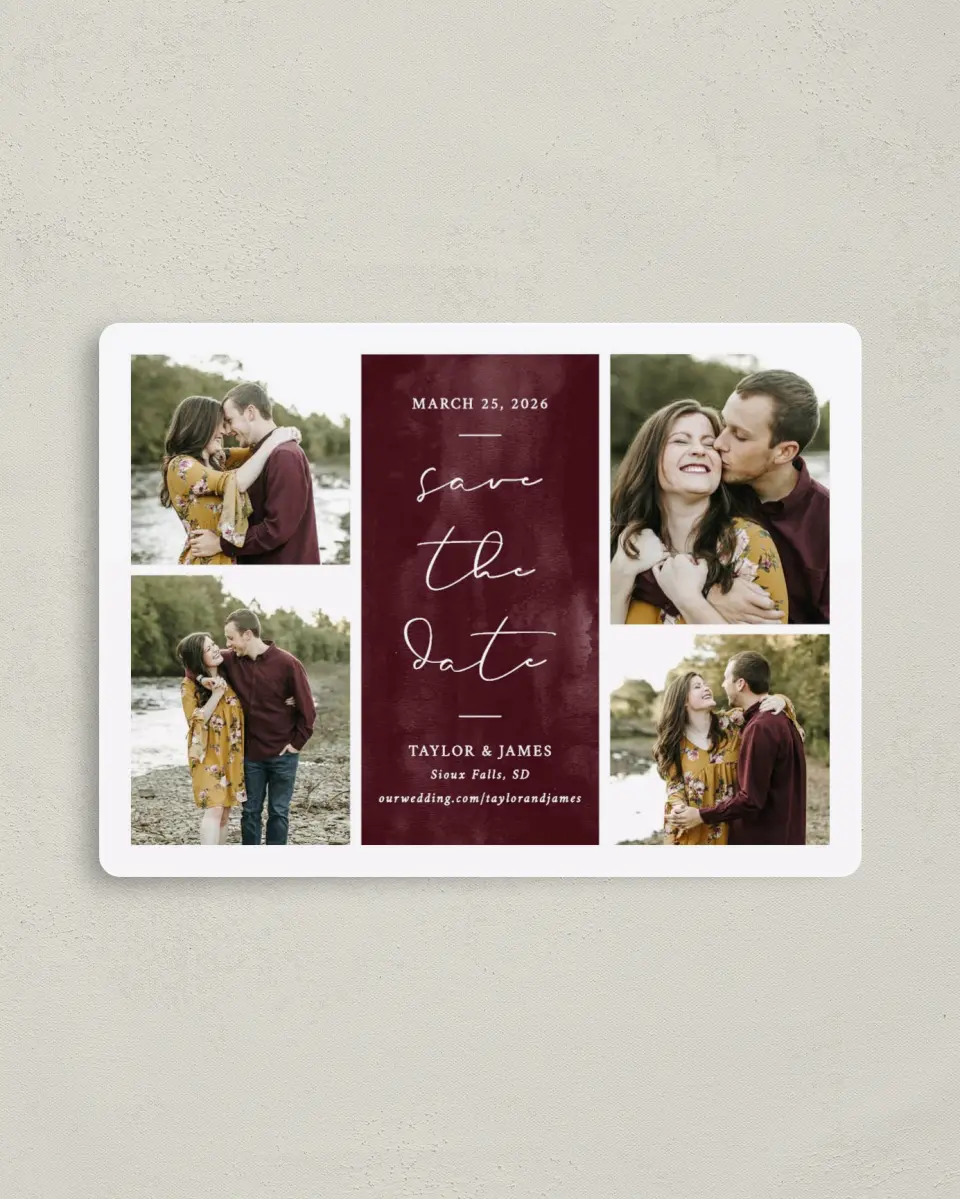 This is a 4" x 5½" Save the Date Magnet called Watercolor Collage printed in full color with a Luxe Satin finish