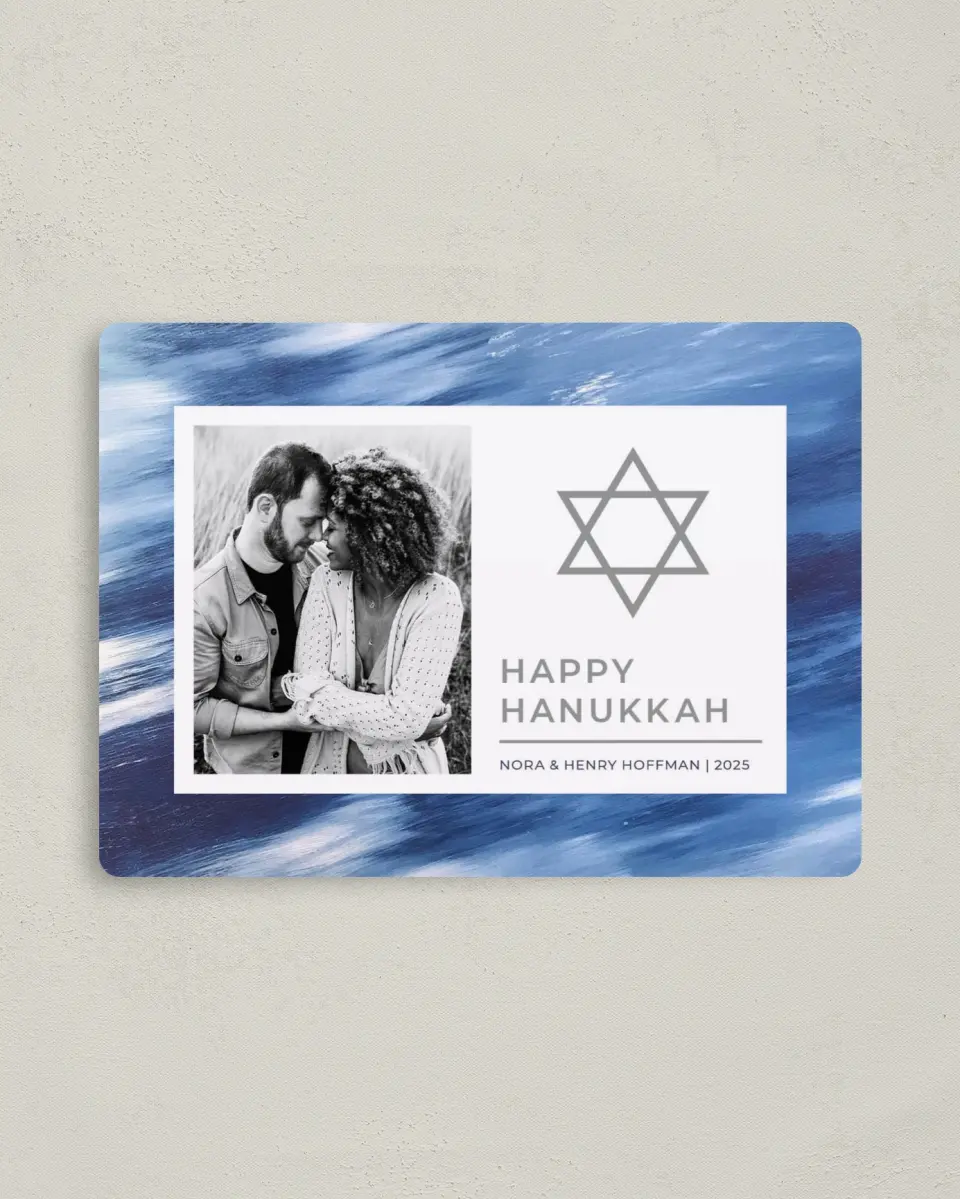 This is a 4" x 5½" Hanukkah Card called Brushed Hanukkah printed in full color with Silver foil and a Luxe Satin finish