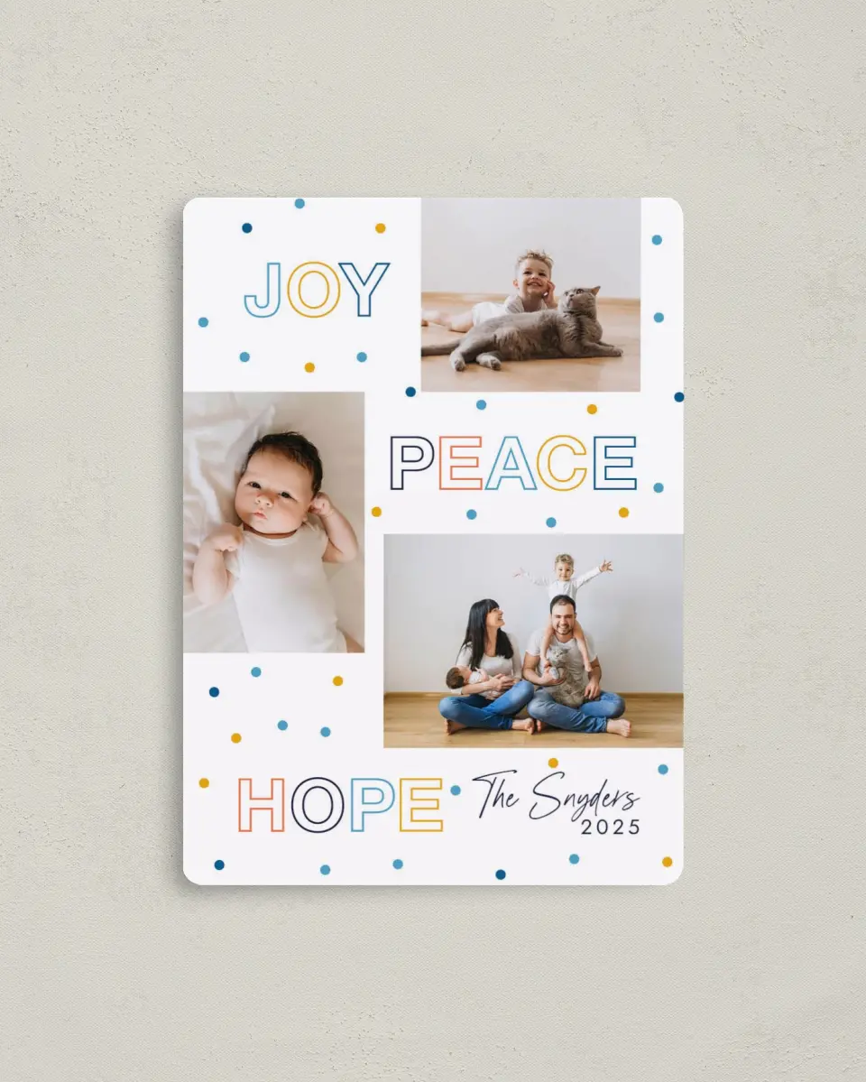 This is a 4" x 5½" Hanukkah Card called Confetti Holidays printed in full color with Silver foil and a Luxe Satin finish
