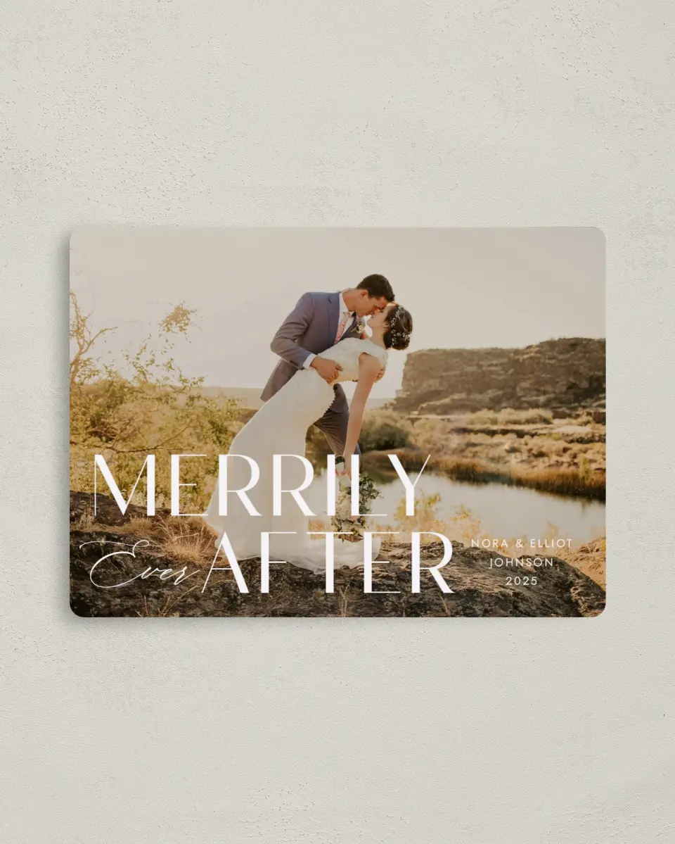 This is a 4" x 5½" Christmas Card called Merrily Every After printed in full color with Rose Gold foil and a Luxe Satin finish