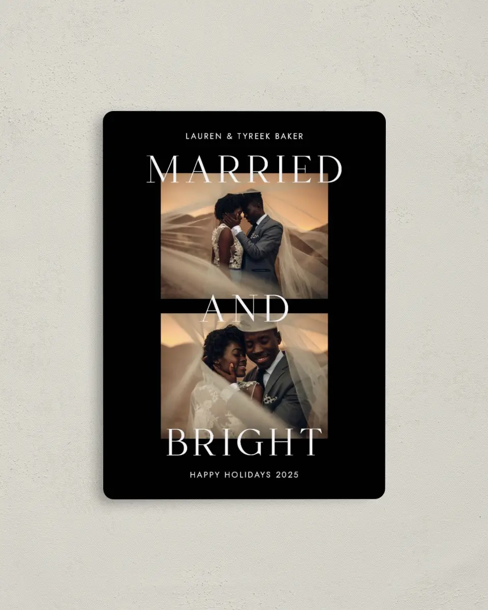 This is a 4" x 5½" Christmas Card called Bright Spark printed in full color with Rose Gold foil and a Luxe Satin finish