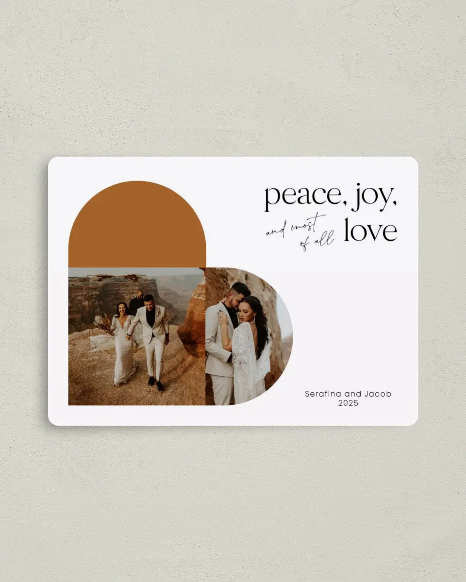 This is a 4" x 5½" Christmas Card called Most of All Love printed in full color with a Luxe Satin finish