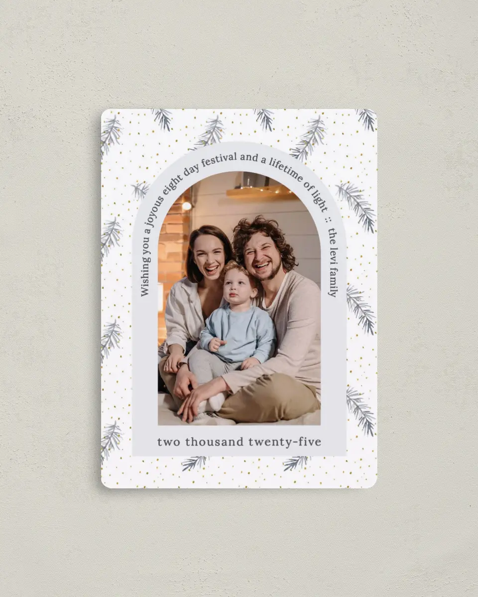 This is a 4" x 5½" Hanukkah Card called Arched Wishes printed in full color with Silver foil and a Luxe Satin finish