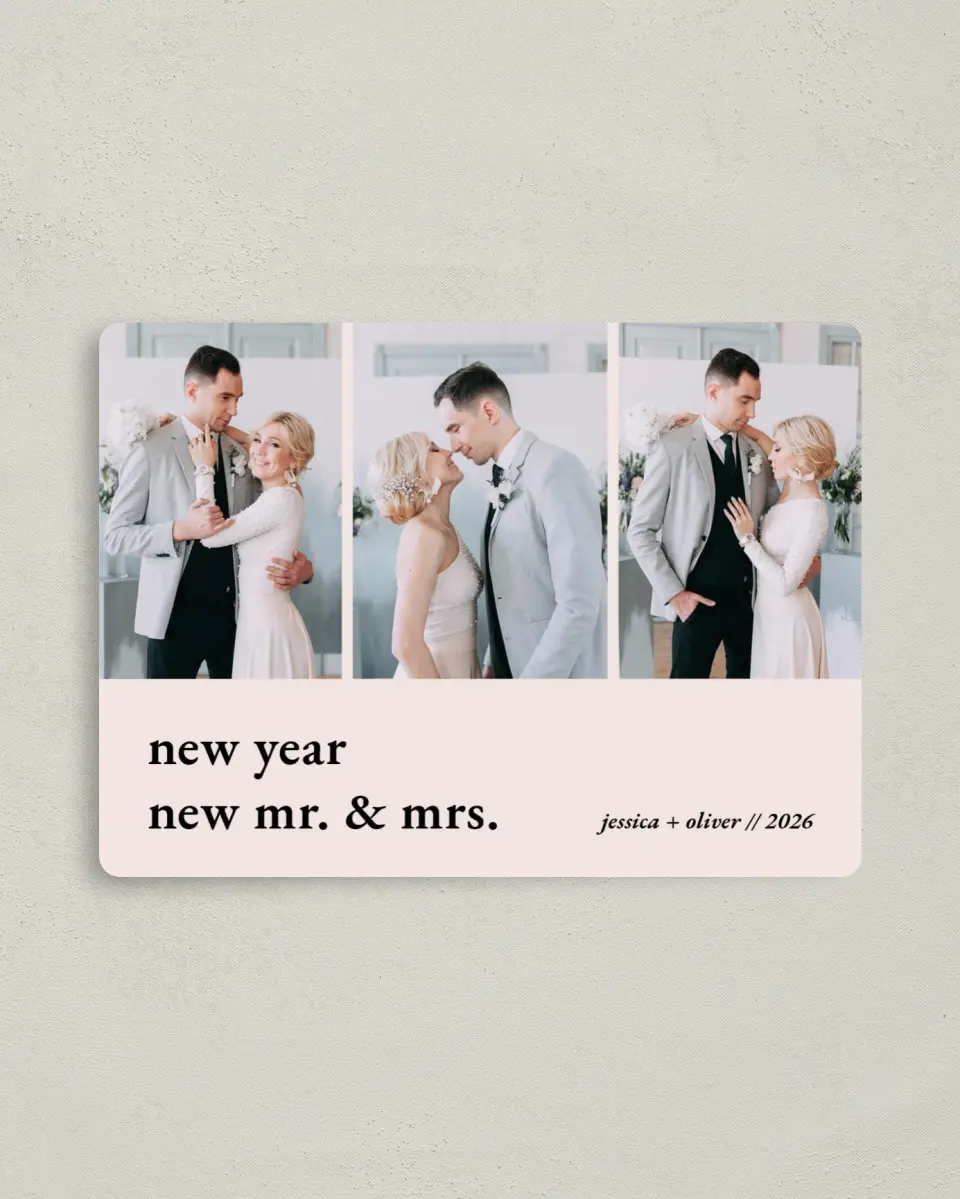This is a 4" x 5½" Christmas Card called New New New! printed in full color with a Luxe Satin finish