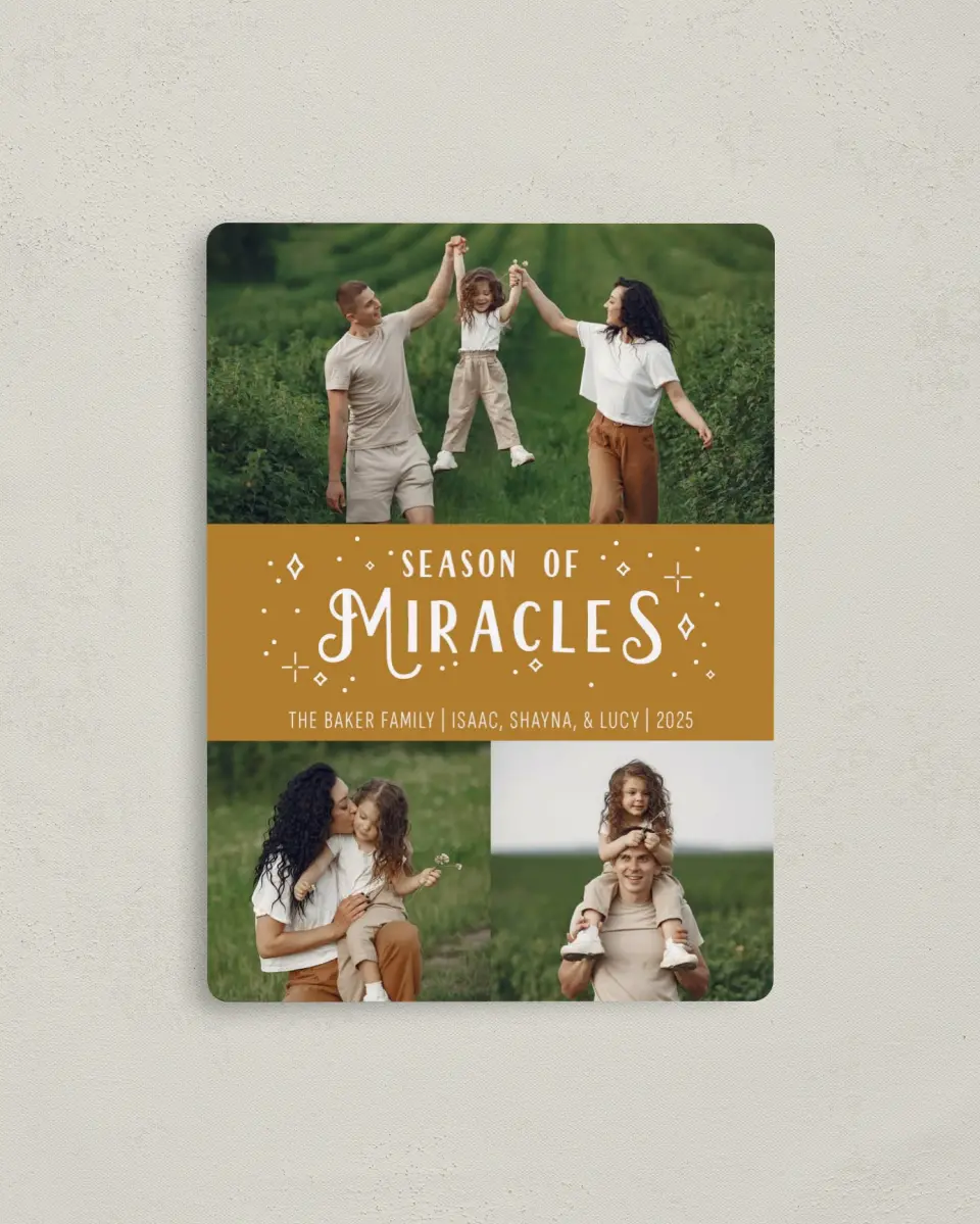 This is a 4" x 5½" Hanukkah Card called Season of Miracles printed in full color with Silver foil and a Luxe Satin finish