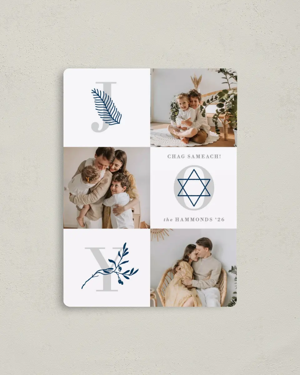 This is a 4" x 5½" Hanukkah Card called Olive the Joy printed in full color with Silver foil and a Luxe Satin finish