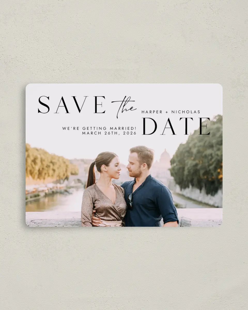 This is a 4" x 5½" Save the Date Magnet called Spacious Idea printed in full color with a Luxe Satin finish