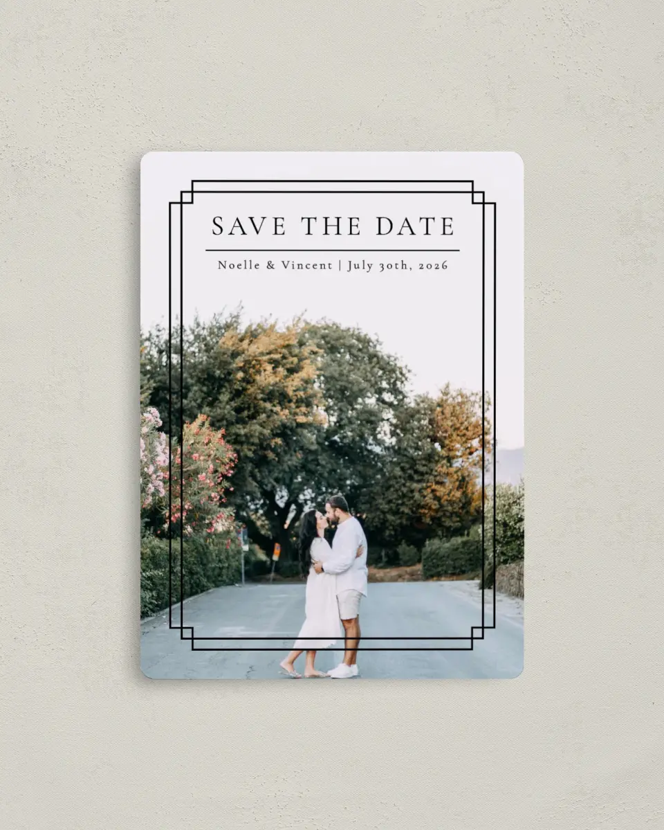 This is a 4" x 5½" Save the Date Magnet called Exemplary Detail printed in full color with a Luxe Satin finish