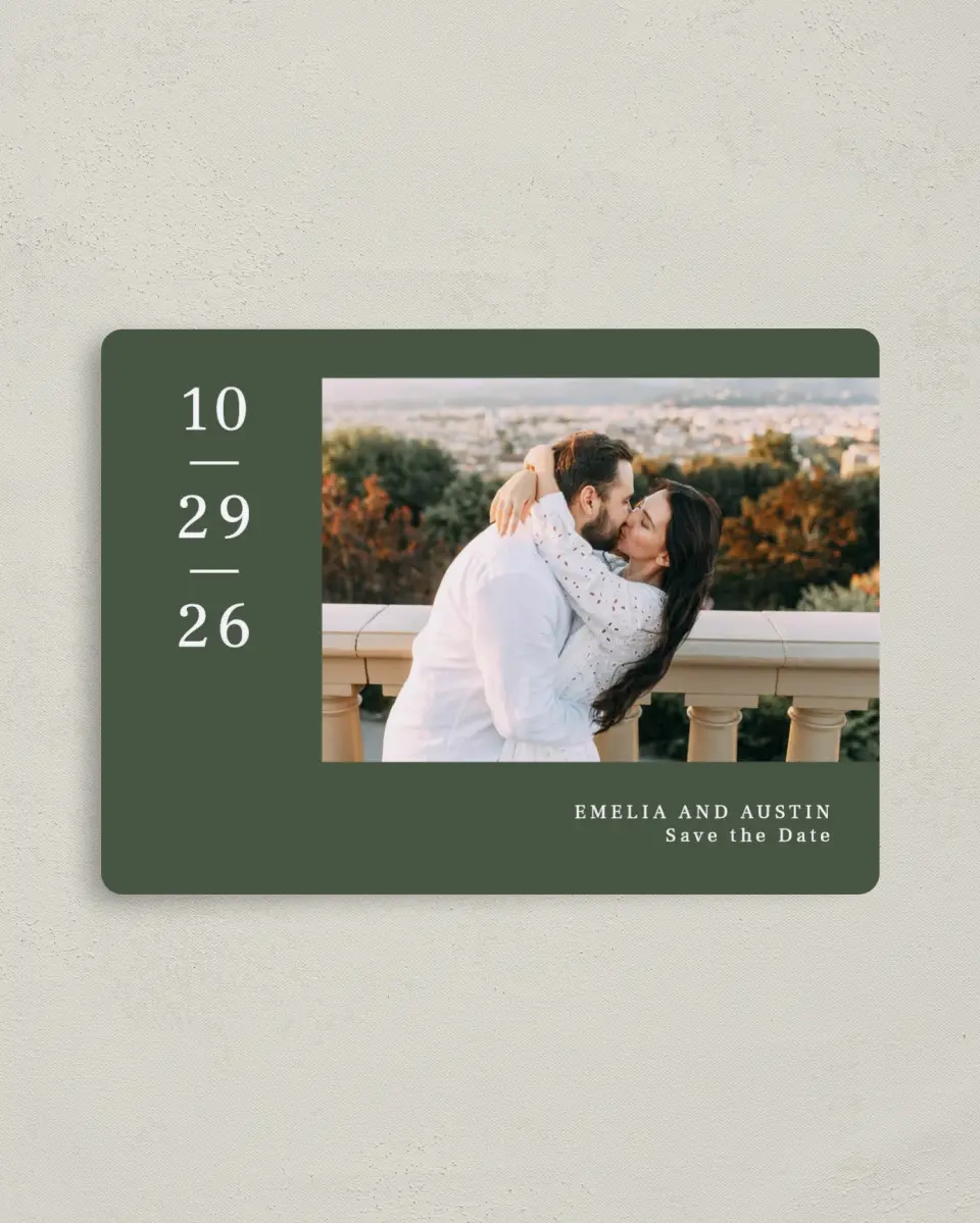 This is a 4" x 5½" Save the Date Magnet called Magnificent Margin printed in full color with a Luxe Satin finish