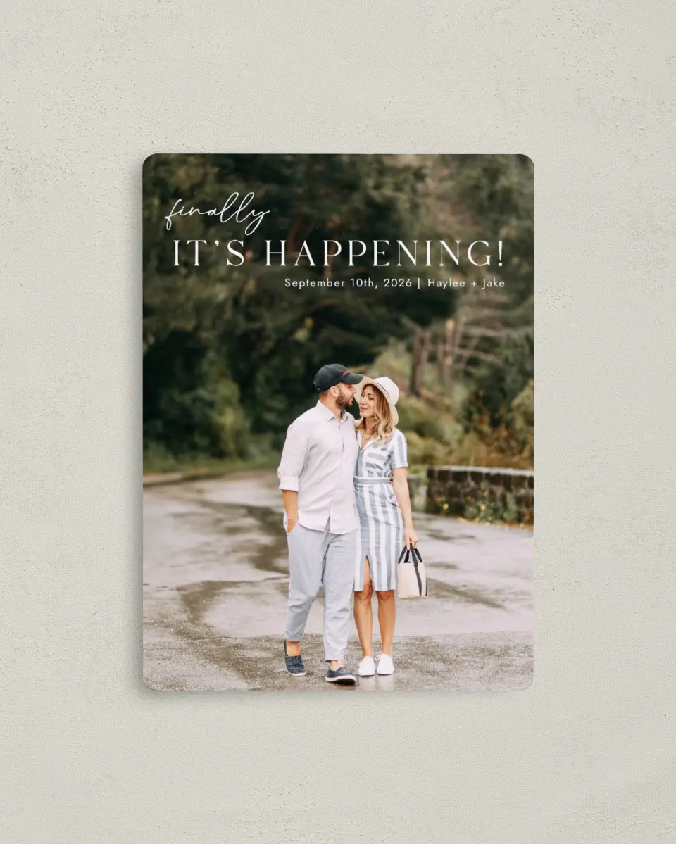 This is a 4" x 5½" Save the Date Magnet called Peppy Proclamation printed in full color with a Luxe Satin finish