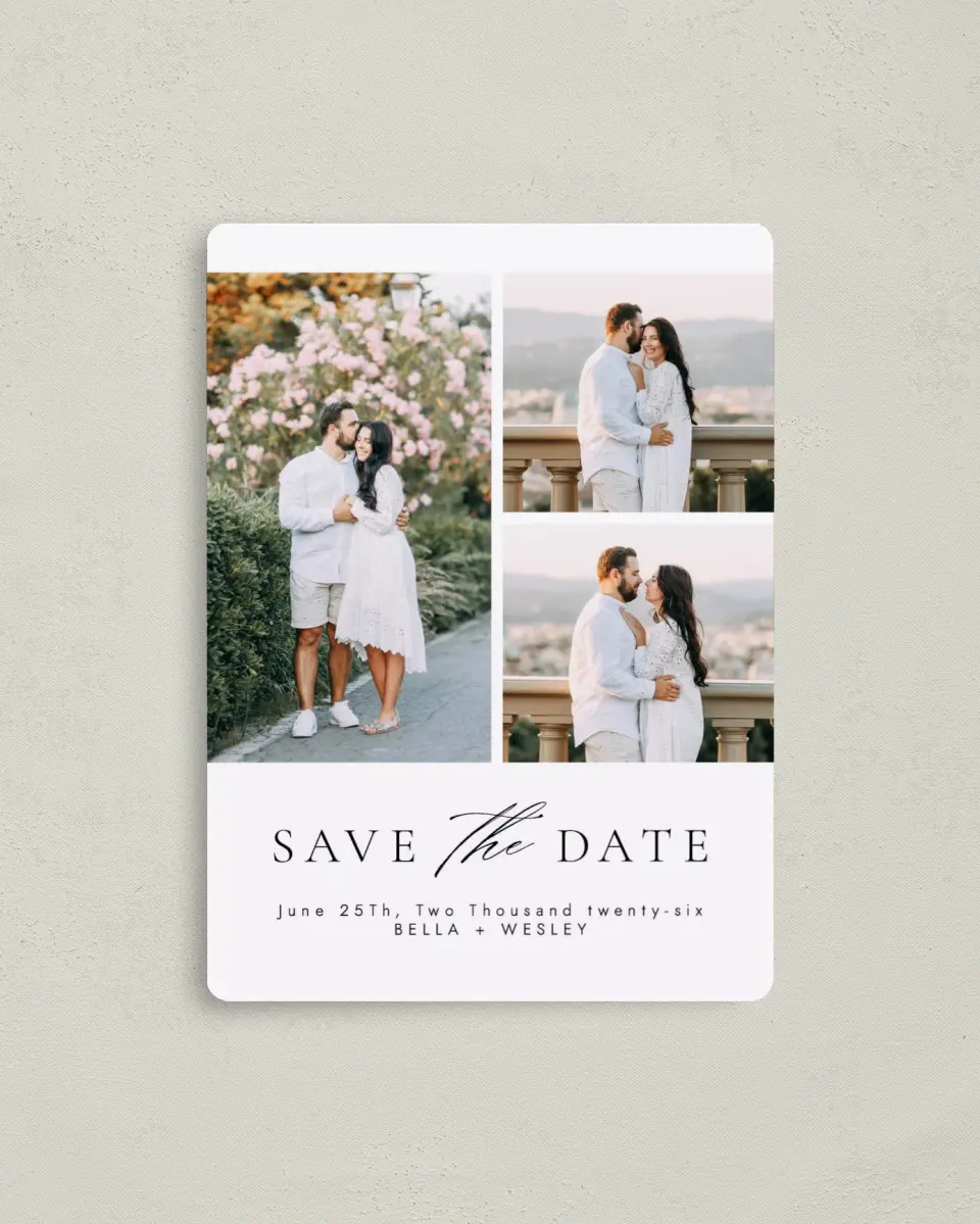 This is a 4" x 5½" Save the Date Magnet called Fresh Medley printed in full color with a Luxe Satin finish