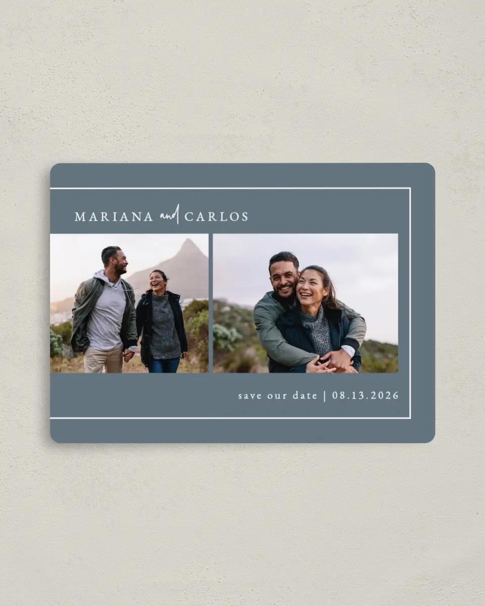 This is a 4" x 5½" Save the Date Magnet called Breathtaking Border printed in full color with a Luxe Satin finish