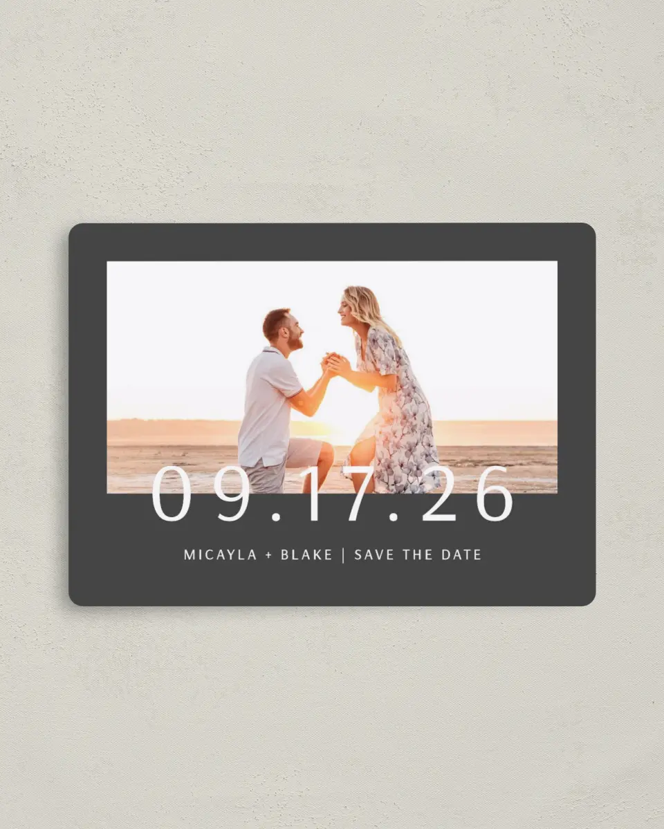 This is a 4" x 5½" Save the Date Magnet called Powerful Mark printed in full color with a Luxe Satin finish