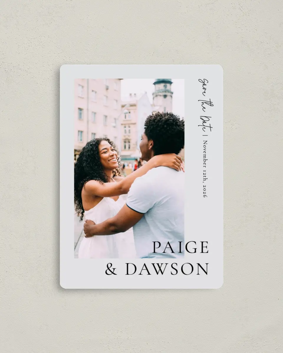 This is a 4" x 5½" Save the Date Magnet called Sweet Detail printed in full color with a Luxe Satin finish