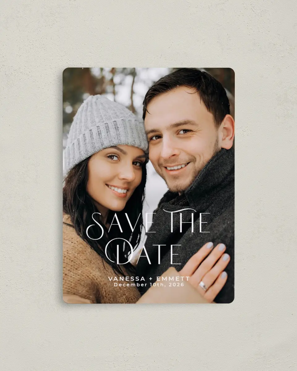 This is a 4" x 5½" Save the Date Magnet called Stylish Touch printed in full color with a Luxe Satin finish