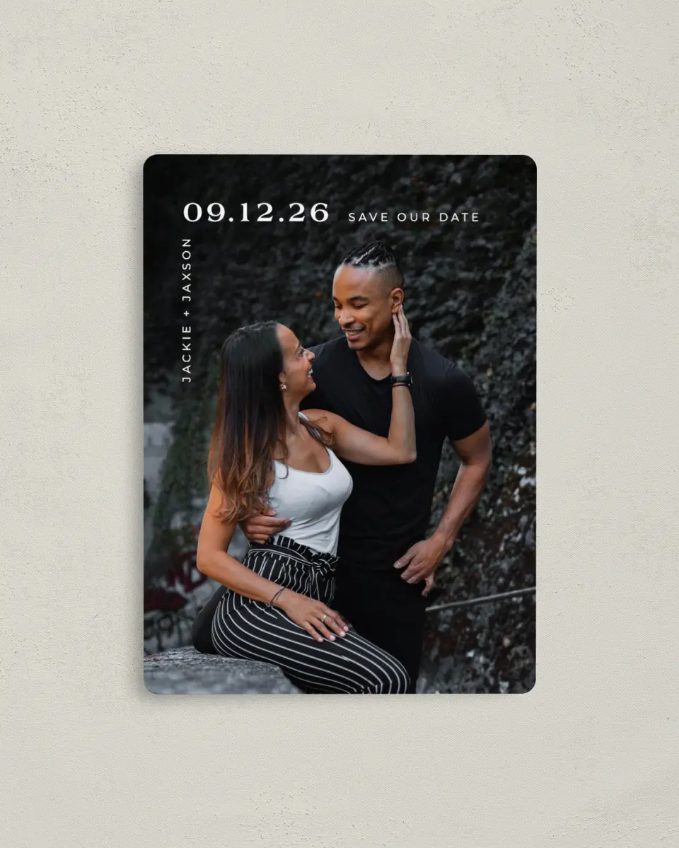 This is a 4" x 5½" Save the Date Magnet called Love's Intersection printed in full color with a Luxe Satin finish