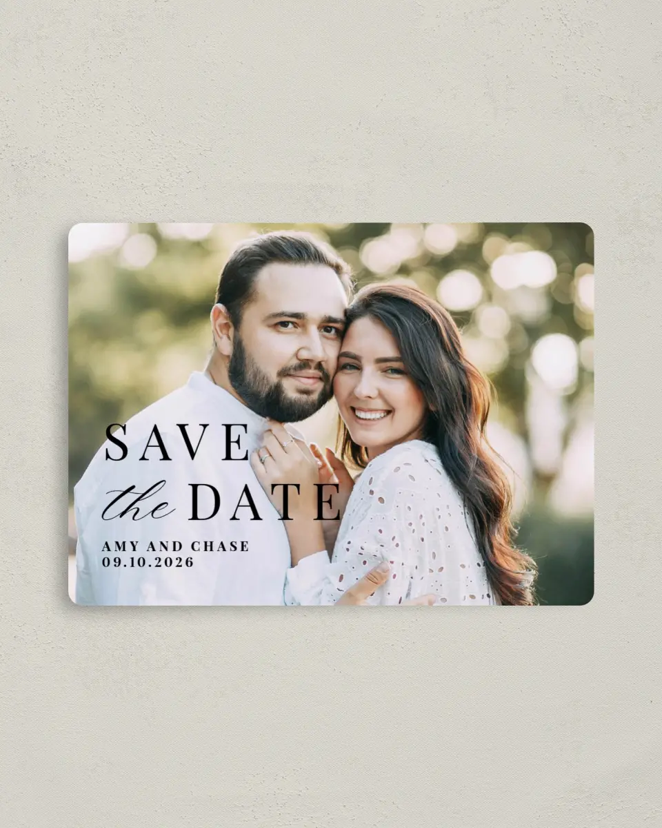 This is a 4" x 5½" Save the Date Magnet called Darling Depiction printed in full color with a Luxe Satin finish