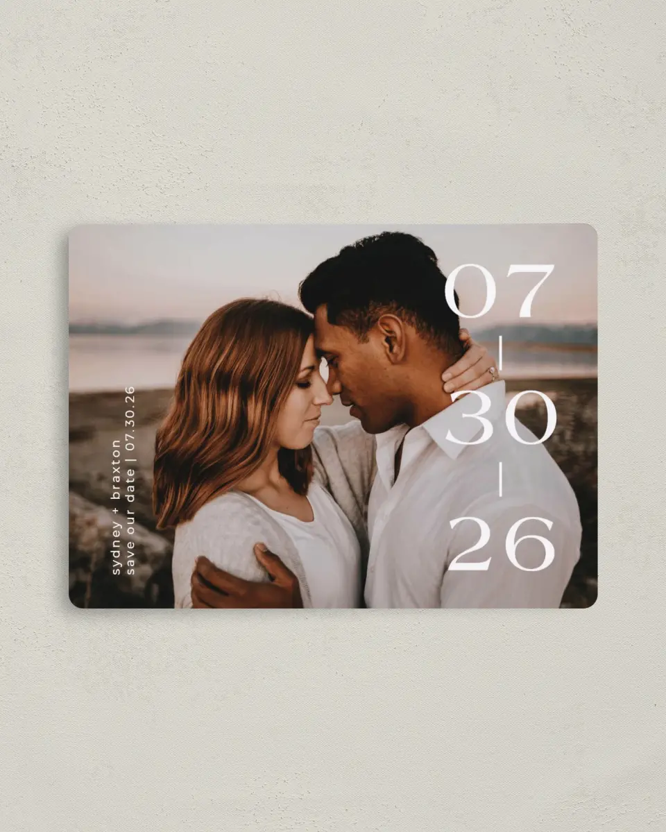 This is a 4" x 5½" Save the Date Magnet called Daring Date printed in full color with a Luxe Satin finish
