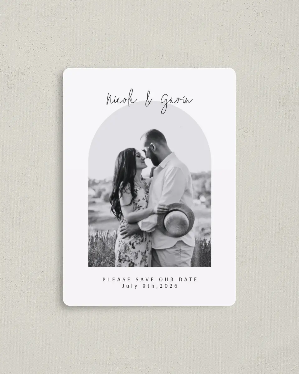 This is a 4" x 5½" Save the Date Magnet called Love's Archway printed in full color with a Luxe Satin finish