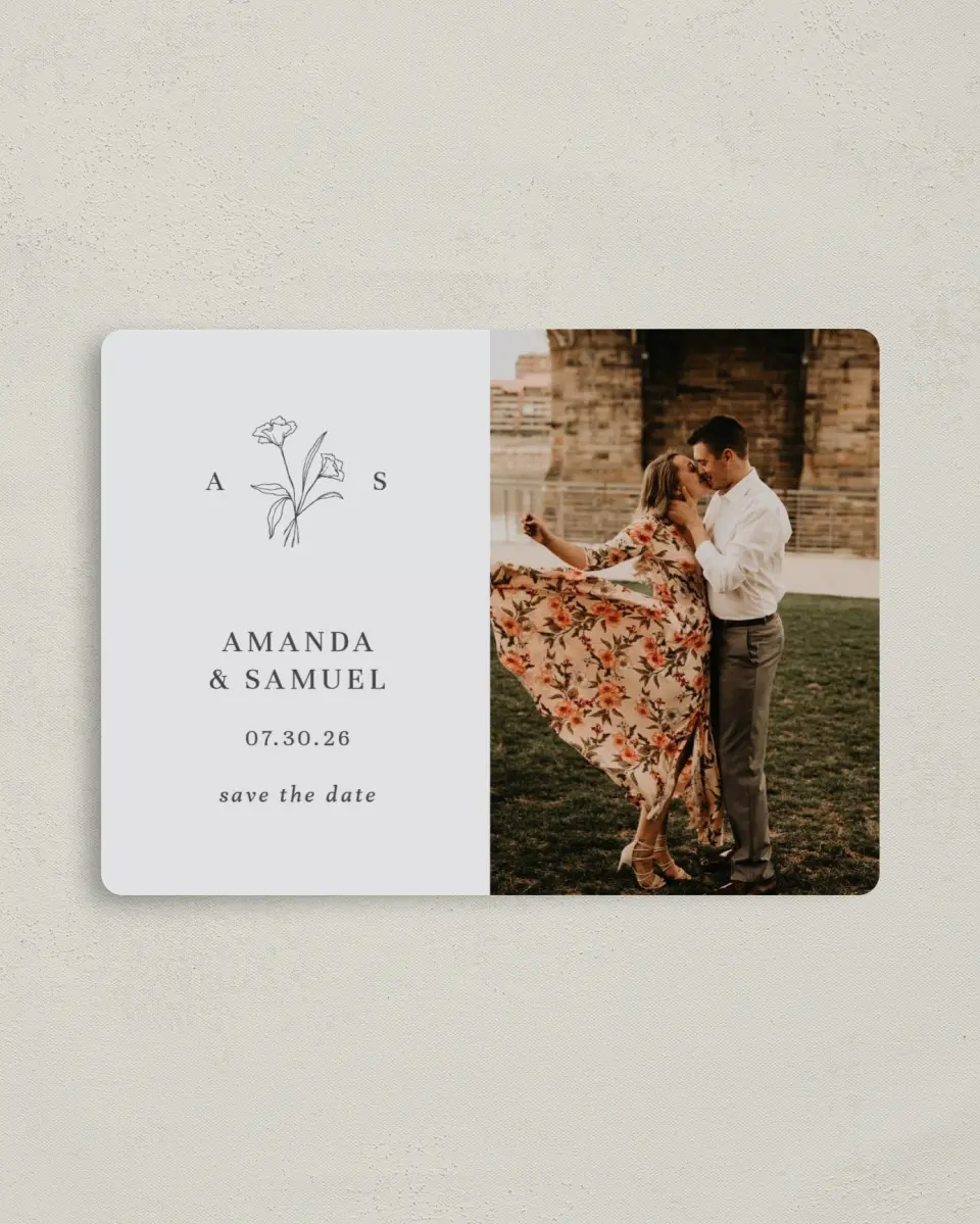 This is a 4" x 5½" Save the Date Magnet called Monogram Bloom printed in full color with a Luxe Satin finish