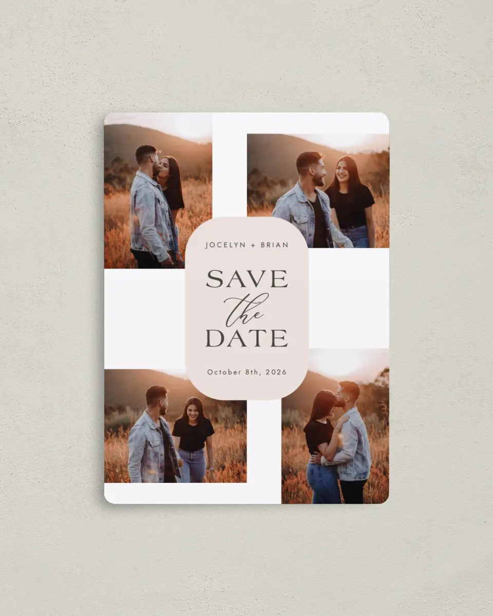 This is a 4" x 5½" Save the Date Magnet called Dazzling Moment printed in full color with a Luxe Satin finish