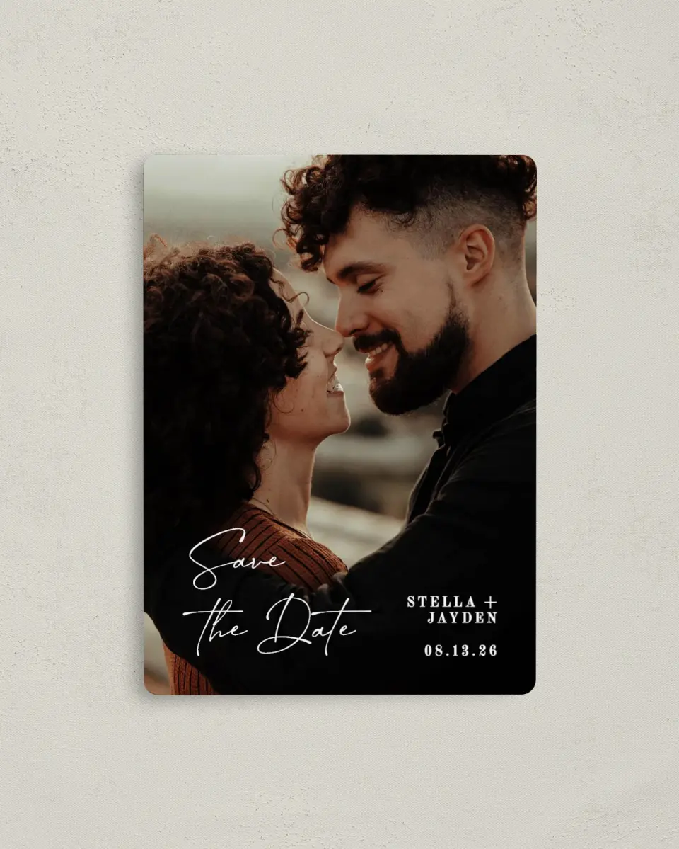 This is a 4" x 5½" Save the Date Magnet called Delicate Treasure printed in full color with a Luxe Satin finish