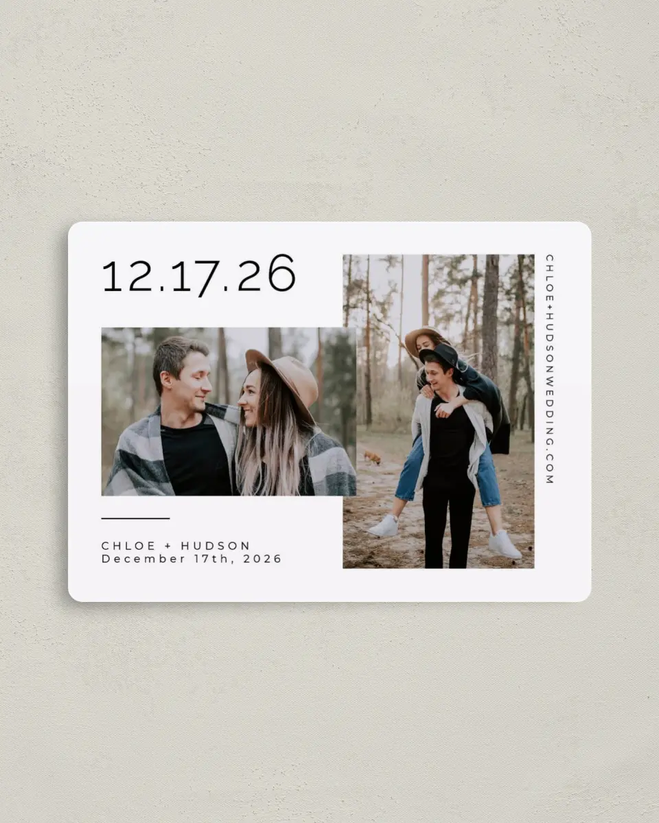 This is a 4" x 5½" Save the Date Magnet called Fresh Date printed in full color with a Luxe Satin finish