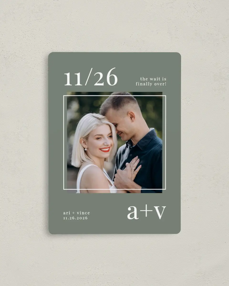 This is a 4" x 5½" Save the Date Magnet called Darling Digest printed in full color with a Luxe Satin finish