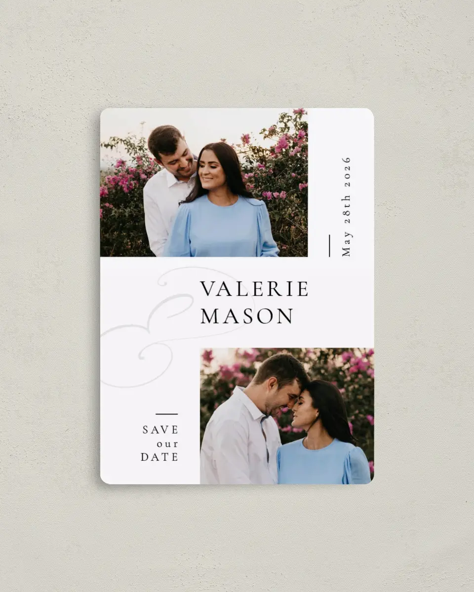 This is a 4" x 5½" Save the Date Magnet called And Love printed in full color with a Luxe Satin finish