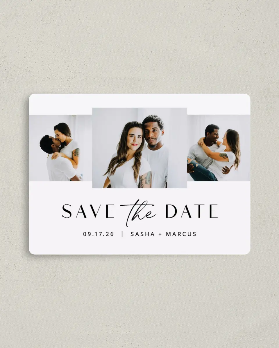 This is a 4" x 5½" Save the Date Magnet called Tender Trio printed in full color with a Luxe Satin finish
