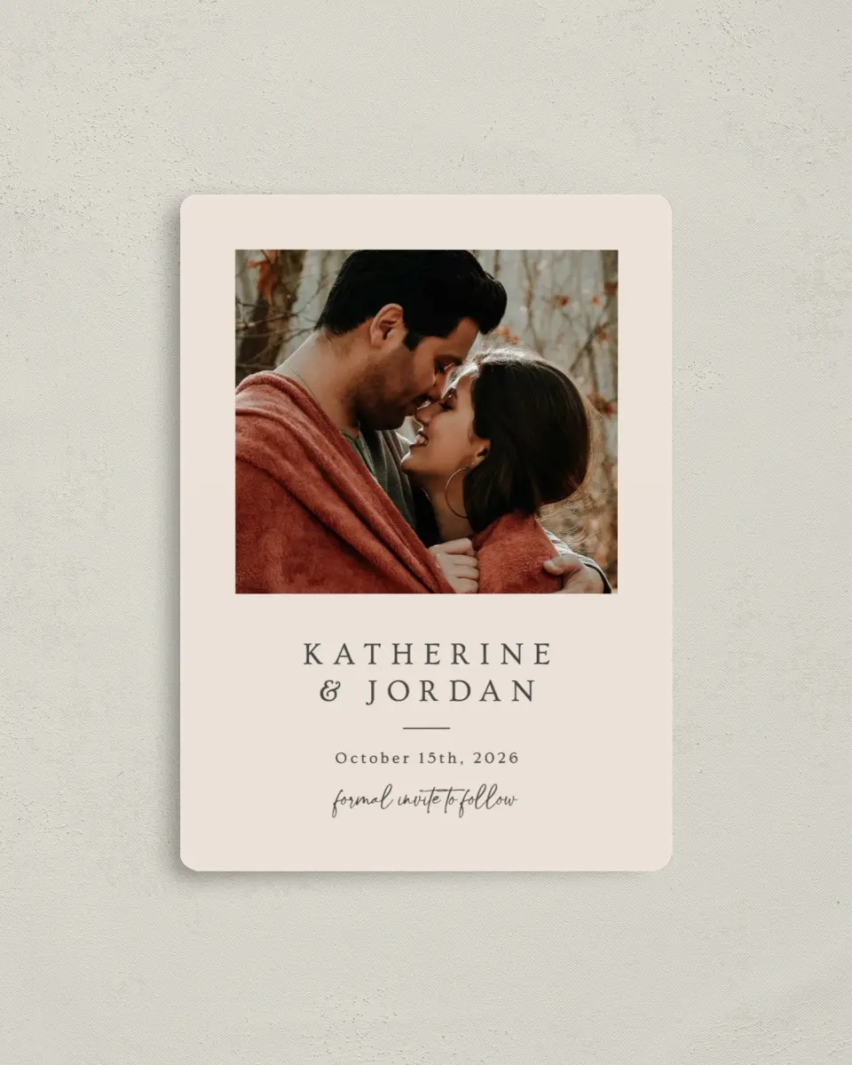 This is a 4" x 5½" Save the Date Magnet called Wrapped in Love printed in full color with a Luxe Satin finish