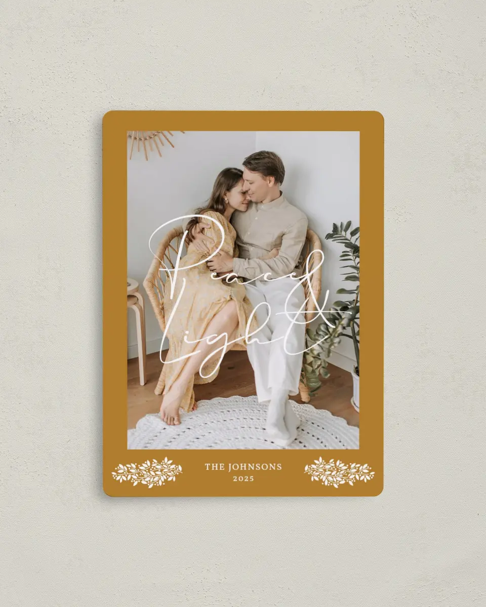 This is a 4" x 5½" Hanukkah Card called Peace & Light printed in full color with Silver foil and a Luxe Satin finish