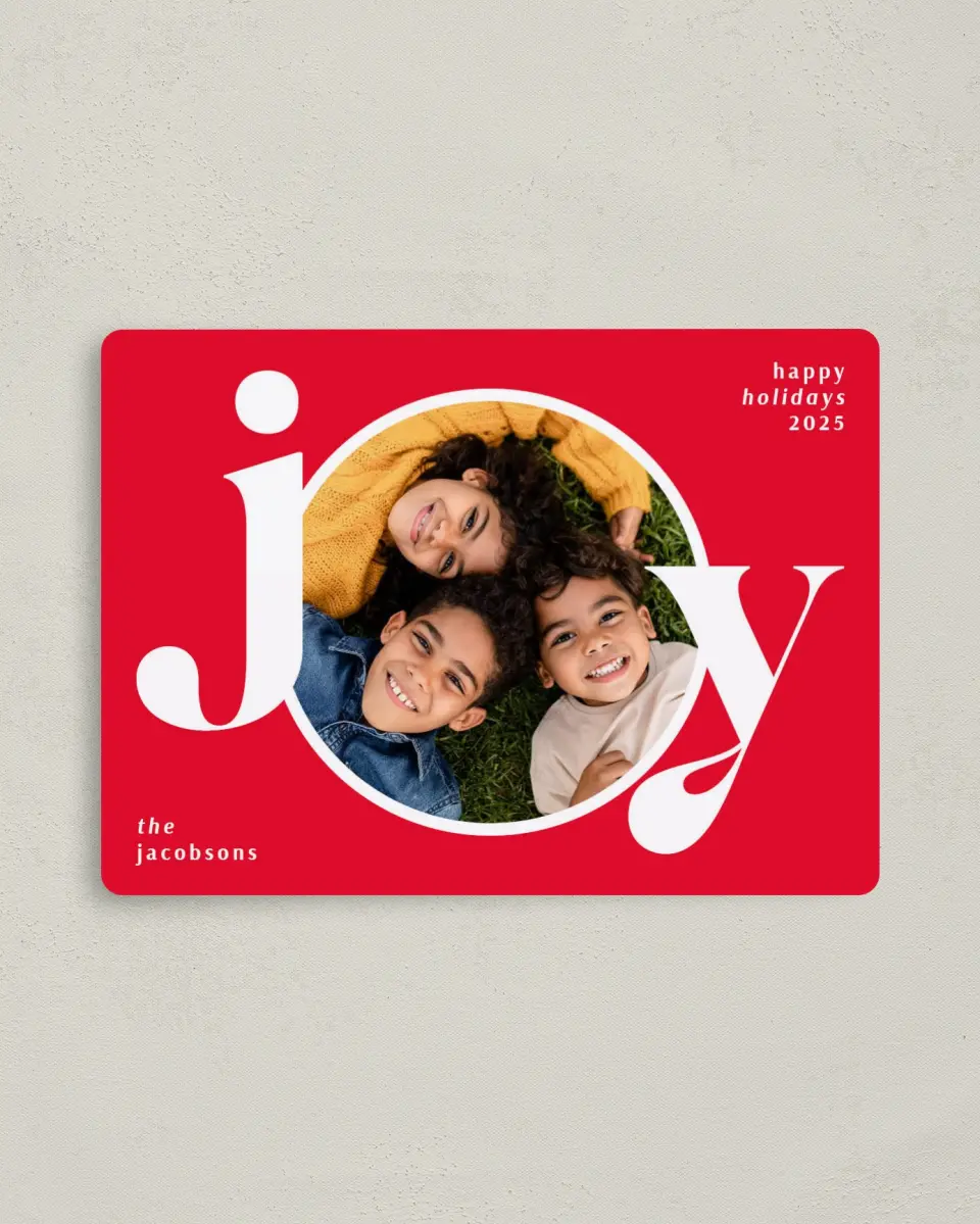 This is a 4" x 5½" Christmas Card called Big Bold Joy printed in full color with a Luxe Satin finish