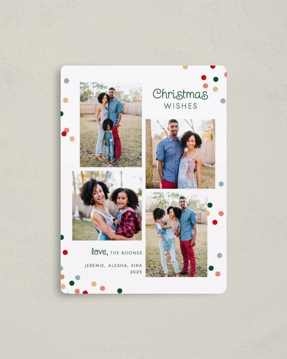 This is a 4" x 5½" Christmas Card called Shining Wishes printed in full color with a Luxe Satin finish