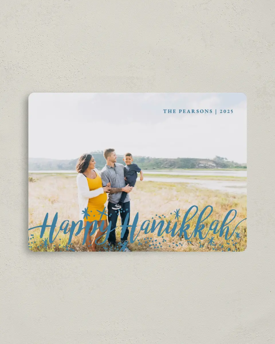 This is a 4" x 5½" Hanukkah Card called Holiday Sparkles printed in full color with Silver foil and a Luxe Satin finish