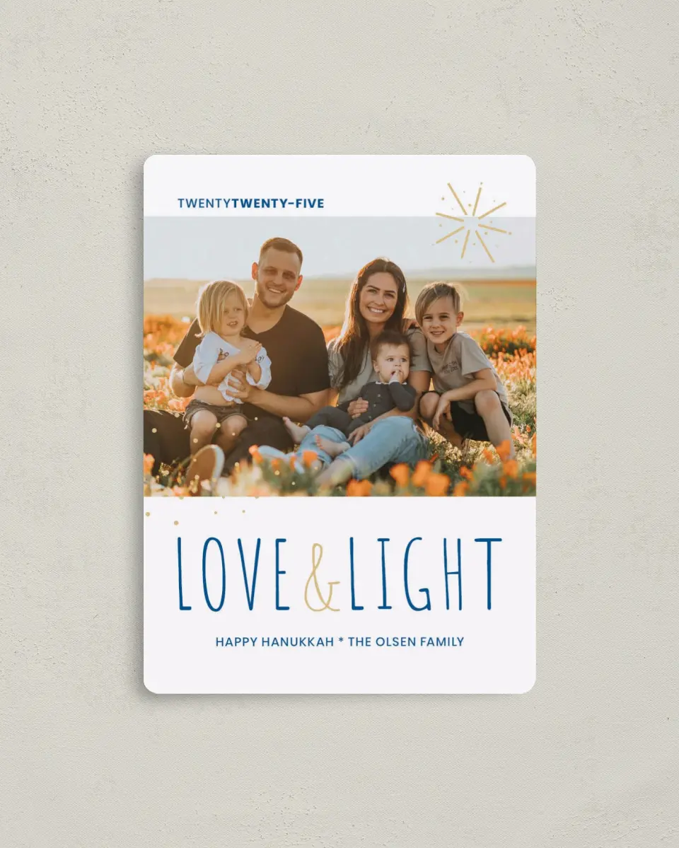 This is a 4" x 5½" Hanukkah Card called Lovely Light printed in full color with Silver foil and a Luxe Satin finish