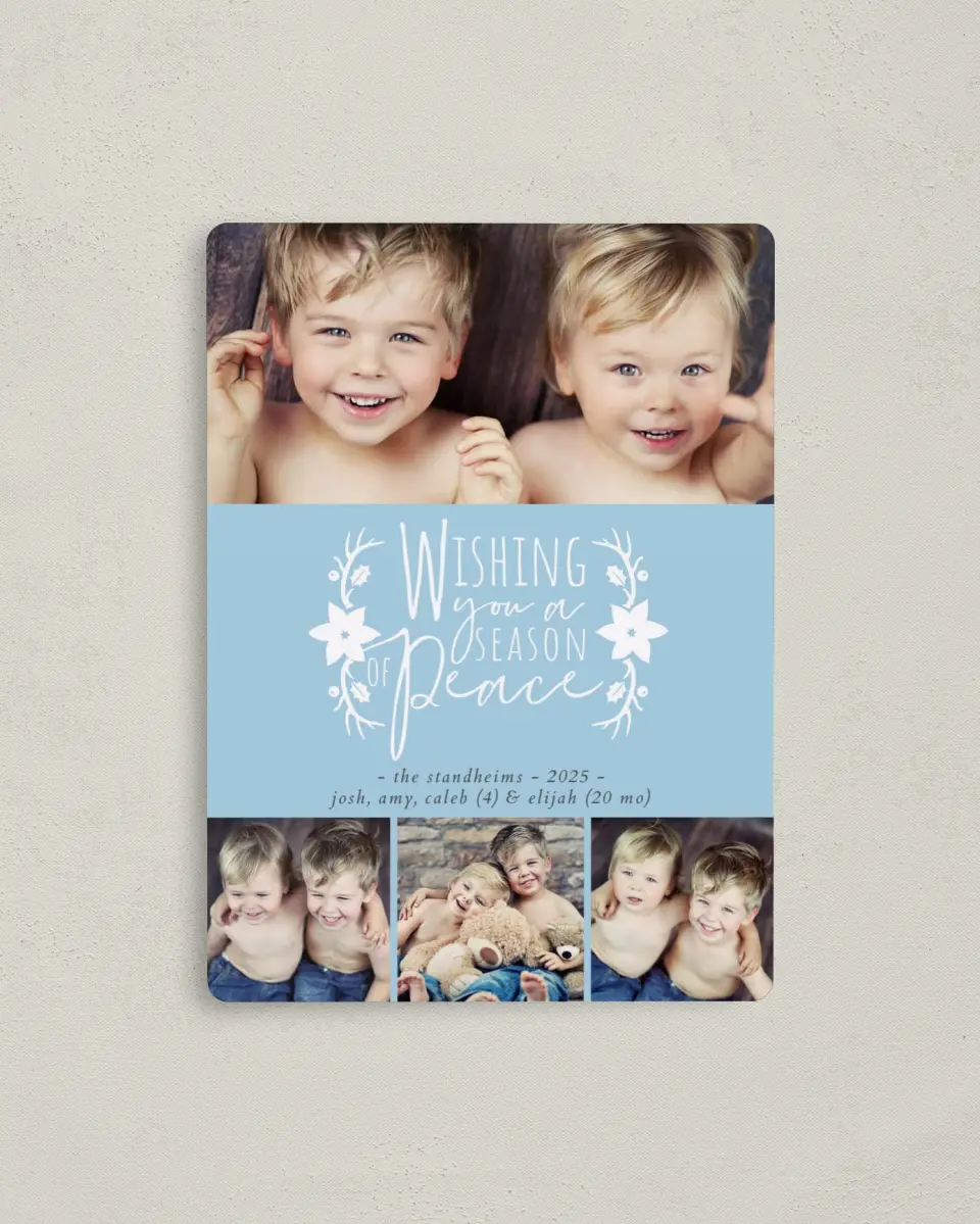 This is a 4" x 5½" Hanukkah Card called Season of Peace printed in full color with Silver foil and a Luxe Satin finish