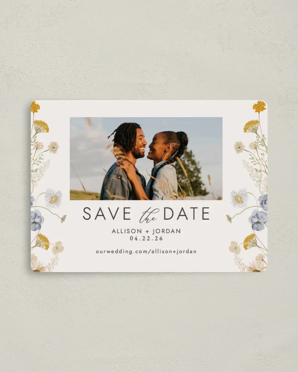 This is a 4" x 5½" Save the Date Magnet called Tender Blooms printed in full color with a Luxe Satin finish