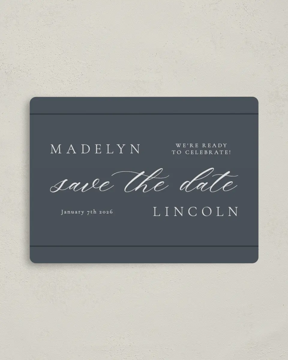 This is a 4" x 5½" Save the Date Magnet called Subtle Wreath printed in full color with a Luxe Satin finish